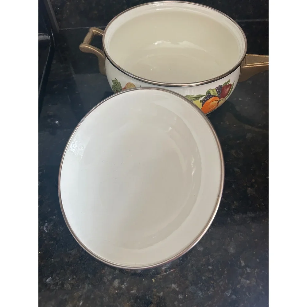 Regency Club Enamelware Saucepan with Lid Fruit Motif Gold Handles Vintage Style